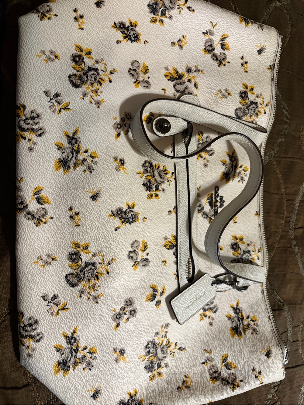 Coach White Floral Leather Tote with Yellow and Gray Accents